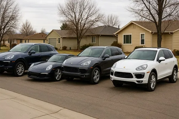 Image of several Porsche vehicles parked in a Colorado residential setting representing how SellMyCarColorado buys used and junk Porsche models