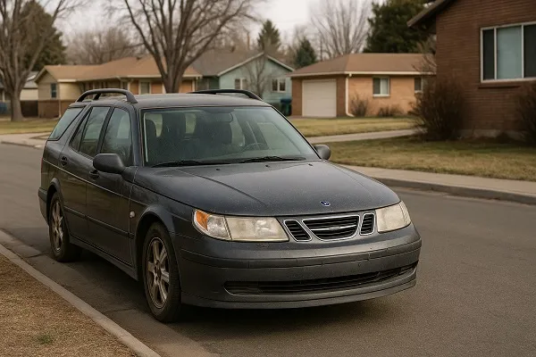 Image of a used Saab parked in a Colorado residential area showing how SellMyCarColorado buys Saab vehicles in used and junk condition