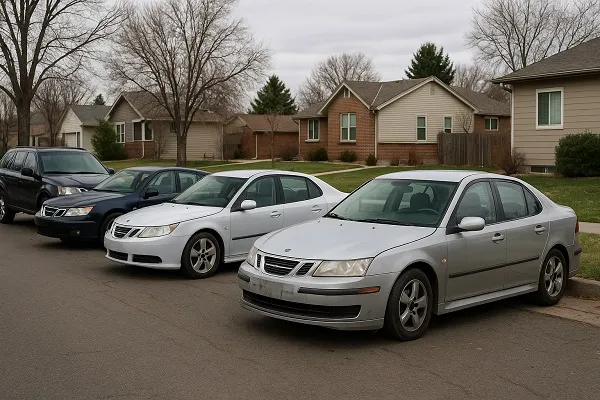 Image of several Saab vehicles parked in a Colorado residential setting showing how SellMyCarColorado buys used and junk Saab models.