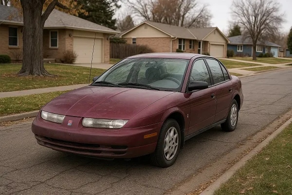 Image of an older Saturn sedan parked in a Colorado residential area showing wear and representing how SellMyCarColorado buys used and junk Saturn vehicles.