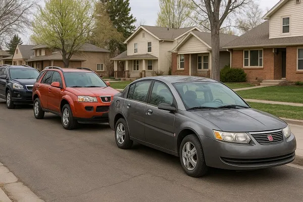 Image of several Saturn vehicles parked in a Colorado residential setting representing how SellMyCarColorado buys used and junk Saturn models.