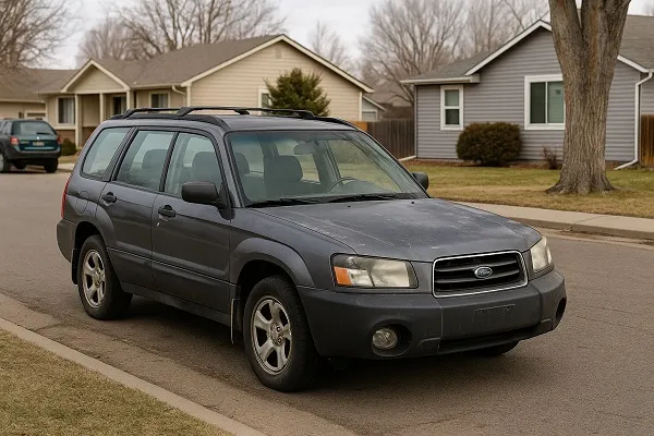 Image of a Subaru parked in a Colorado residential area representing how SellMyCarColorado buys used and junk Subaru vehicles in any condition.