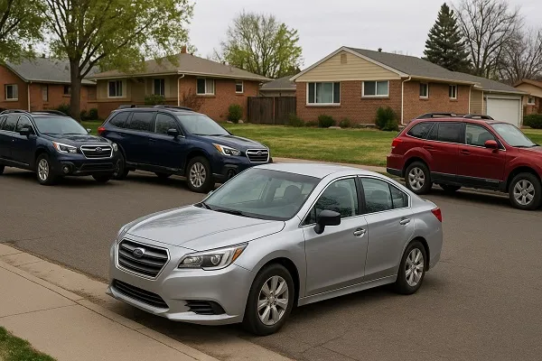 Image of several Subaru vehicles parked in a Colorado residential setting representing how SellMyCarColorado buys used and junk Subaru models