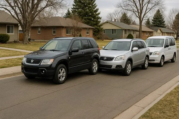 Image of several used Suzuki vehicles parked in a Colorado residential area for SellMyCarColorado showing how we buy used and junk Suzuki models.