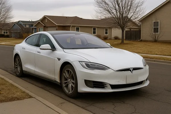 Image of a used Tesla parked on a residential Colorado street showing how SellMyCarColorado buys Tesla vehicles in used and junk condition.