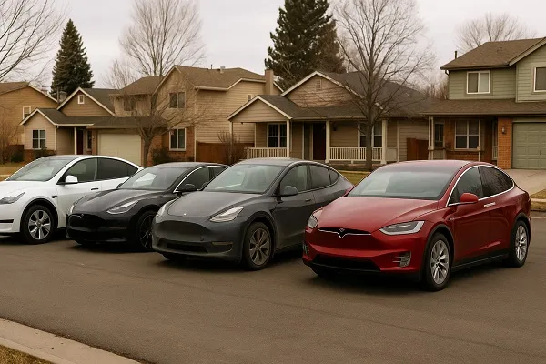 Image of several Tesla vehicles parked on a residential street in Colorado for SellMyCarColorado showing that we buy used and junk Tesla models.