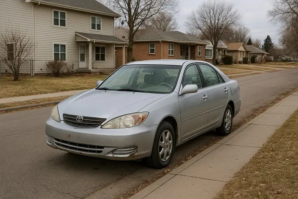Image of an older Toyota parked in a Colorado residential setting showing how SellMyCarColorado buys used and junk Toyota models in any condition.