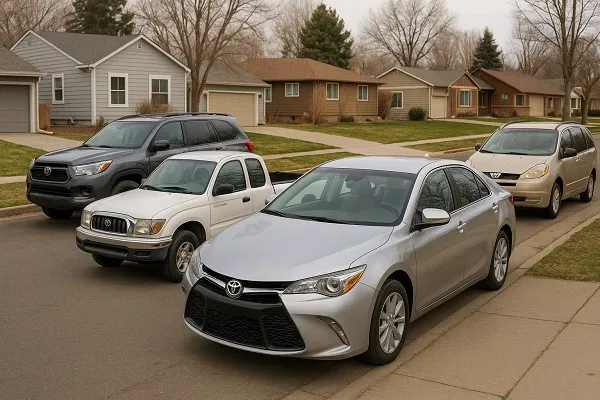 Image of several Toyota vehicles parked in a Colorado residential setting representing how SellMyCarColorado buys used and junk Toyota models.