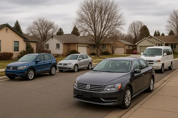 Image of several Volkswagen vehicles parked in a Colorado residential setting representing how SellMyCarColorado buys used and junk Volkswagen models.