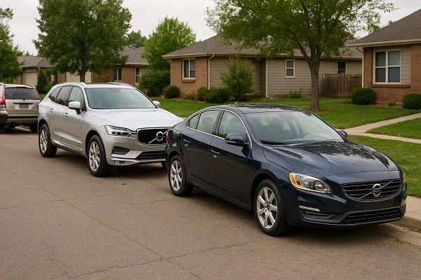 Image of several Volvo vehicles parked in a Colorado residential area representing how SellMyCarColorado buys used and junk Volvo models.