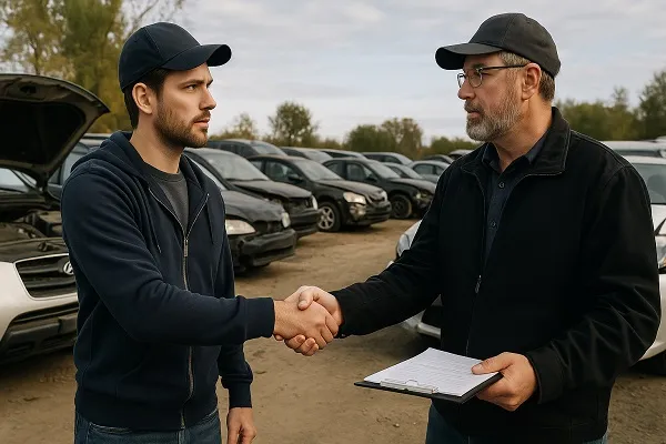 Two men shaking hands beside rows of damaged vehicles in a salvage yard, suggesting a private sale before inventory reaches the lot.