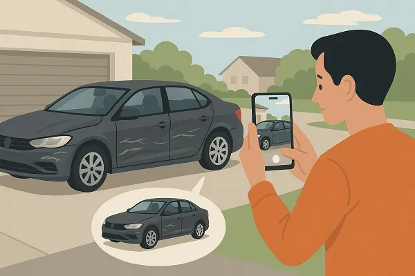 Person taking clear photos of a damaged car with a smartphone, capturing dents and scratches for an accurate listing.