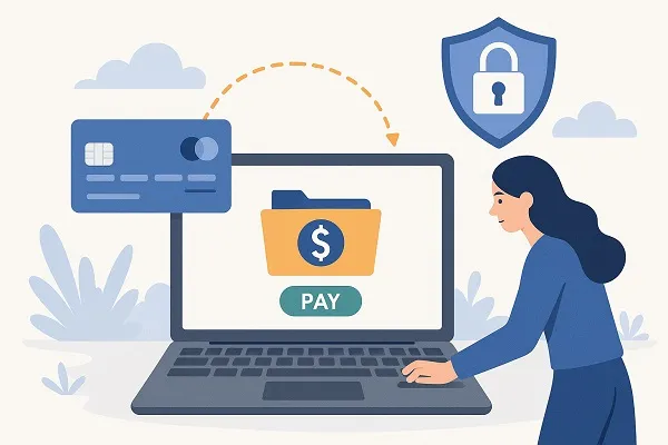 Woman completing a secure online payment on a laptop with digital security icons.