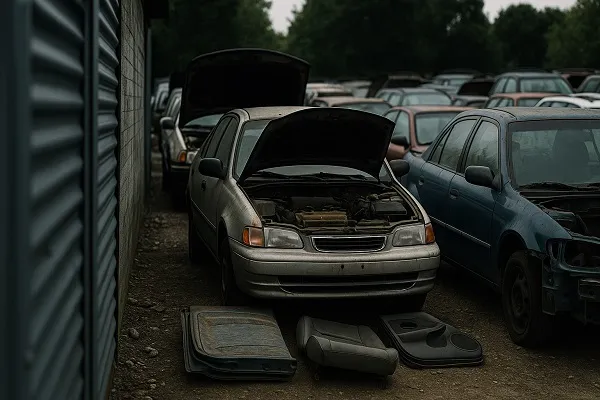 Wide junkyard scene with rows of old cars tightly packed together, some with open hoods and missing parts, suggesting hidden or unlisted inventory.