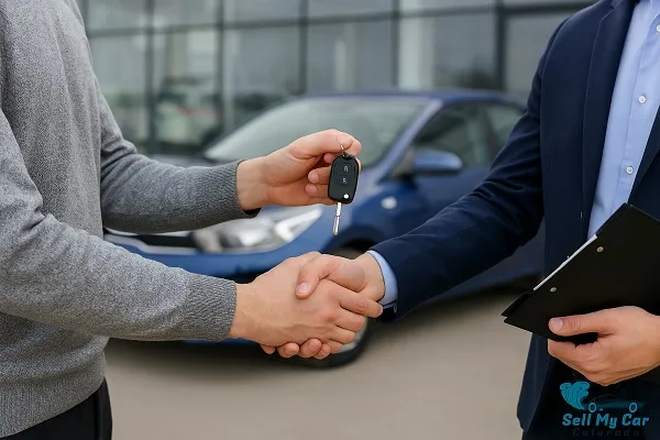 A wide image of a car seller handing keys to a buyer outside a dealership with the Sell My Car Colorado logo in the corner.