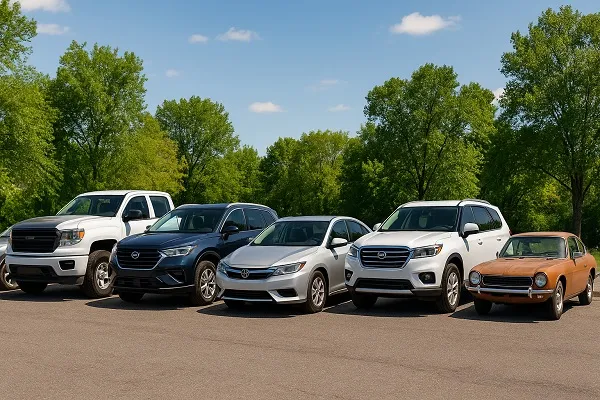 A lineup of six cars including a pickup truck, sedans, SUVs, and a classic coupe parked on a sunny day with green trees and a blue sky in the background.