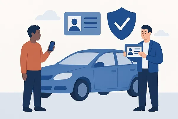 Two people verifying ID cards beside a car in a public lot, representing safe identity verification when selling a vehicle.