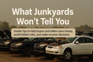 Wide junkyard scene with rows of cars missing parts, open hoods, and worn exterior, with the headline “What Junkyards Won’t Tell You” displayed across the top.