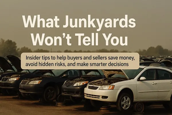 Wide junkyard scene with rows of cars missing parts, open hoods, and worn exterior, with the headline “What Junkyards Won’t Tell You” displayed across the top.