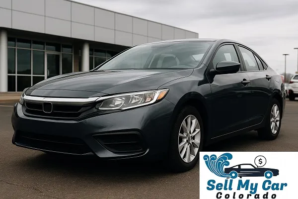 A wide image of a dark blue sedan parked outside a modern car dealership with the Sell My Car Colorado logo small in the corner.