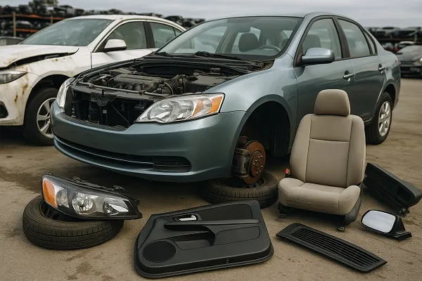 Wide junkyard scene showing a partially disassembled car with removed parts like a headlight, seat, and door panel arranged on the ground.