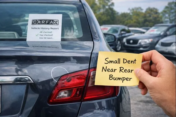 Used car rear bumper with a clearly marked small dent and visible vehicle history report on the windshield.