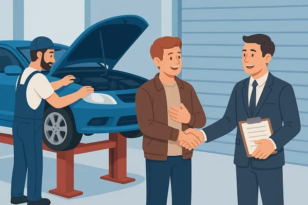 Mechanic inspecting a car on a lift while a buyer and seller shake hands nearby.