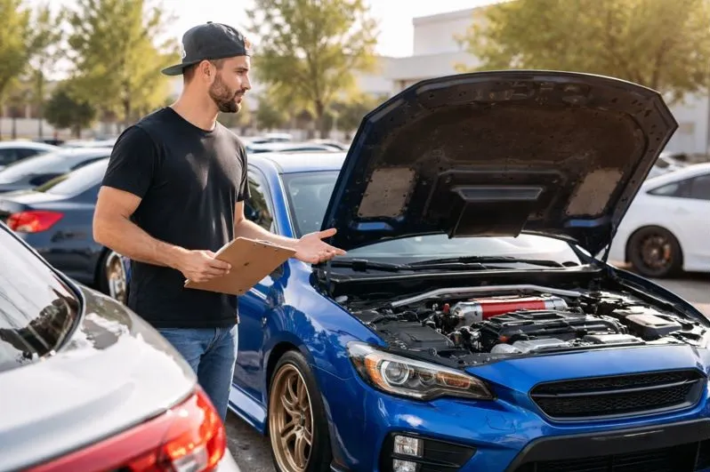 Selling a modified car in Colorado with performance upgrades shown during a private buyer inspection