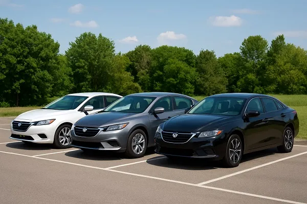 Four sedans in white, silver, gray, and black parked in a wide outdoor lot, representing popular long-term value car colors.