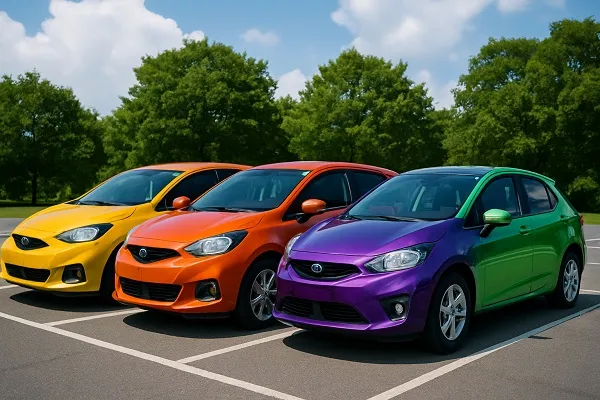 Bright yellow, orange, purple, and green compact cars parked side by side in a wide outdoor lot, representing colors that typically hurt resale value.