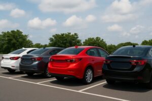 Four parked sedans in white, gray, red, and black lined up in a wide outdoor parking lot, representing how car color can influence resale value.