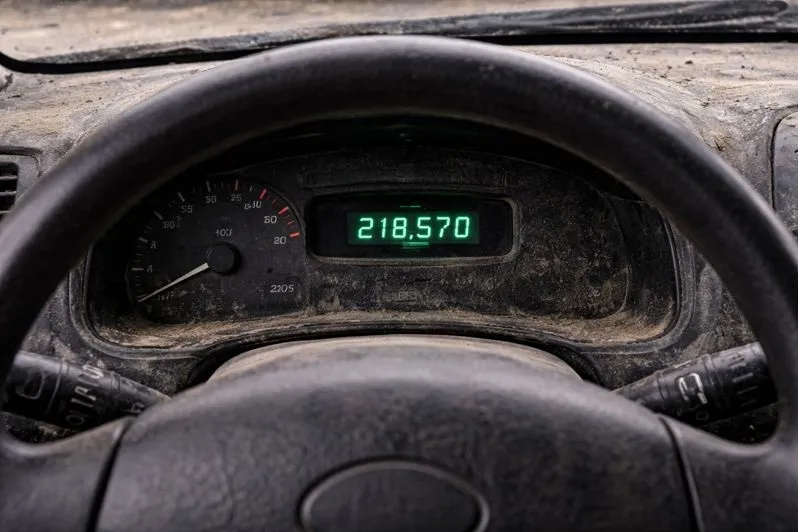 High-mileage car odometer showing over 218,000 miles affecting end-of-life vehicle value in Colorado