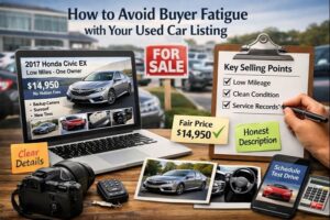 Wide image showing a used car listing displayed on a laptop with clear pricing, photos, and key selling points in a dealership setting.