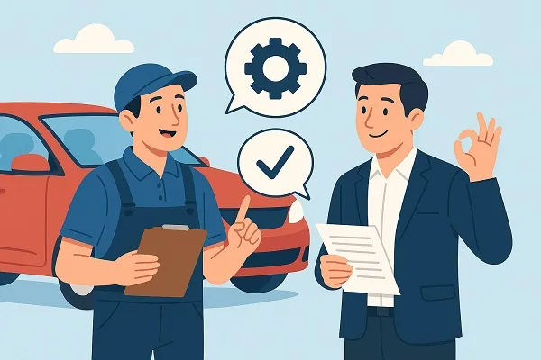 Mechanic and car owner smiling as they discuss a smooth inspection process beside a red car.