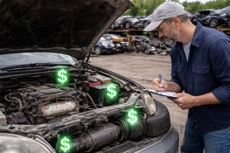 Mechanic inspecting an end-of-life vehicle to identify valuable parts for higher scrap value in Colorado
