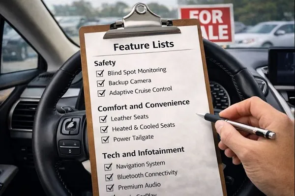 Organized used car feature checklist on a clipboard inside a vehicle, grouped by safety, comfort, and technology.