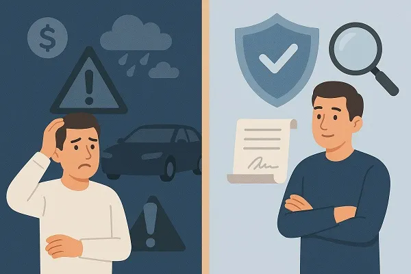 Split illustration showing a worried man surrounded by warning symbols on one side and a confident man with protection icons on the other.