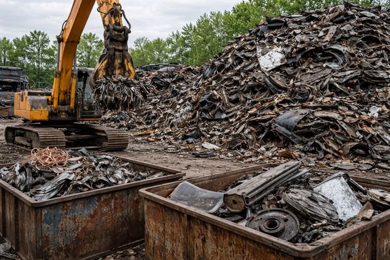 Scrap metal recycling yard with crushed vehicle parts affecting end-of-life car value in Colorado