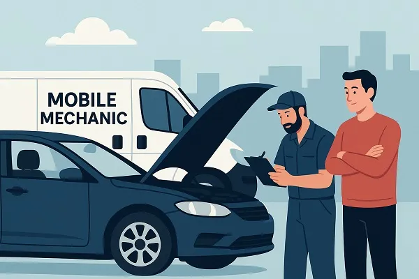 Mobile mechanic inspecting a car’s engine beside a service van while the owner watches.