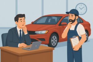 Mechanic and car seller discussing a red car indoors, with the seller seated at a desk and the mechanic holding a clipboard.