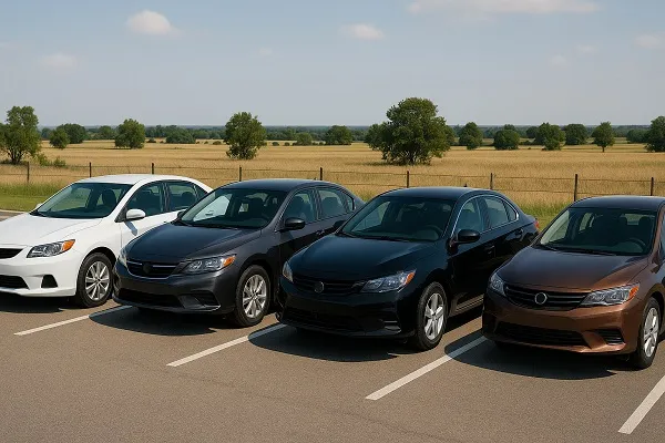 Four sedans in white, gray, black, and brown parked in a wide rural lot with open fields and trees in the background, illustrating how regional preferences influence car color demand.