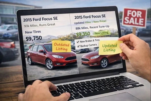 Wide image of a used car listing being updated on a laptop, showing old details compared with refreshed pricing and information.