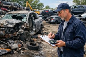 End-of-life vehicle appraisal at a Colorado salvage yard with a damaged car being evaluated for scrap value