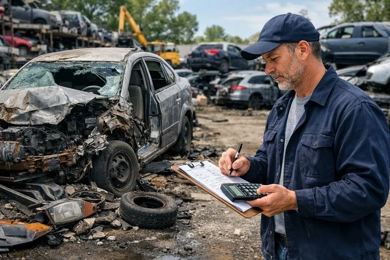 End-of-life vehicle appraisal at a Colorado salvage yard with a damaged car being evaluated for scrap value