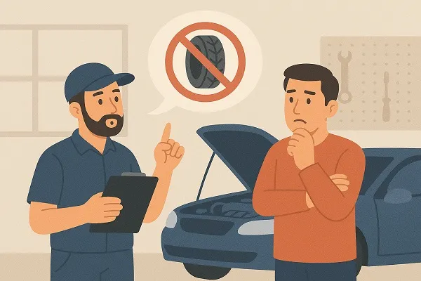 Mechanic explaining a car issue to a concerned owner beside a vehicle with its hood open.