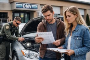 Selling a car in Colorado with VIN mismatch as seller reviews title paperwork while VIN inspection is performed