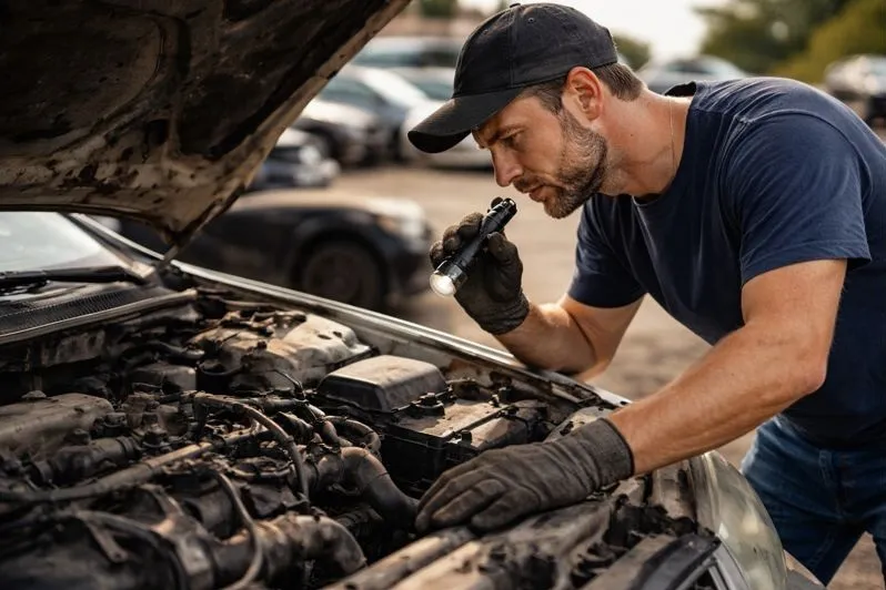 Mechanic inspecting engine condition of a running junk car to determine cash value in Colorado