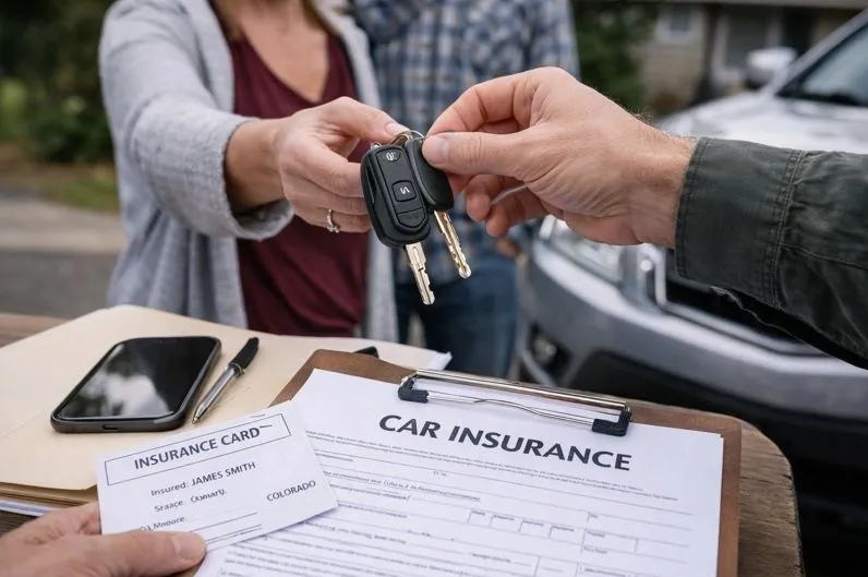 Car insurance documents and keys exchanged during a private vehicle sale in Colorado