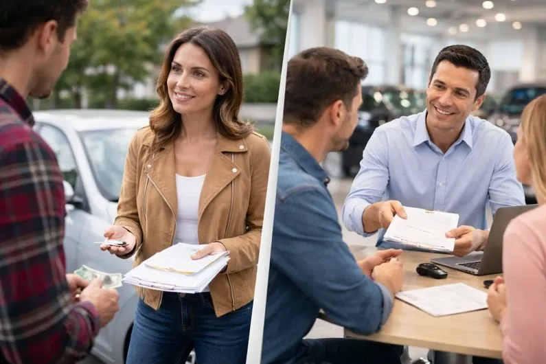 Car owner negotiating vehicle price in person, representing SellMyCarColorado car selling and pricing services.