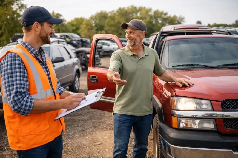 Running pickup truck being evaluated for a higher cash offer at a Colorado junk car salvage yard